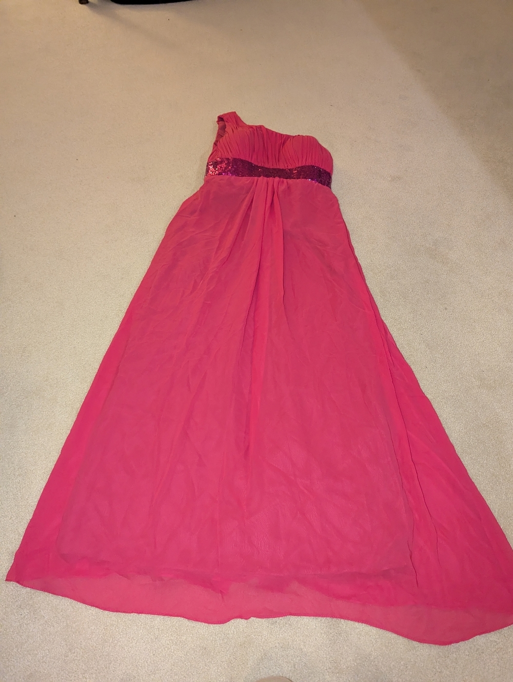 One-Shoulder Pink Sequin Waist Maxi Dress